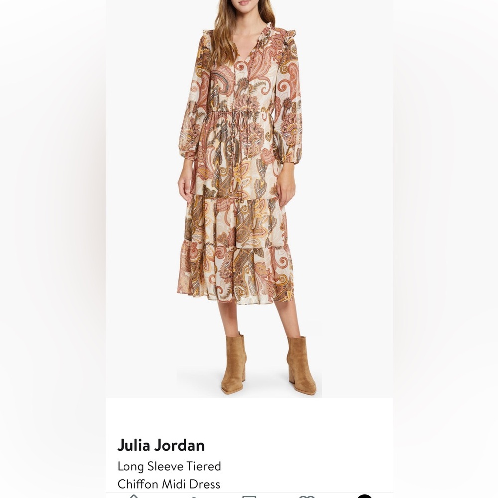 julia jordan Cream Paisley Tiered Midi Dress with Rust and Mustard Accents